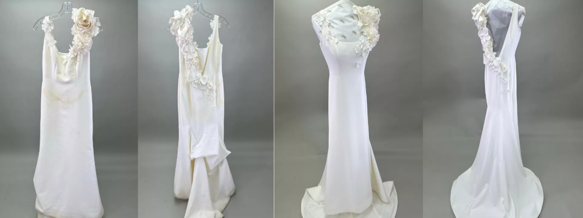 Before and after photos of Margaret's wedding dress restoration services on a Viktor and Rolf gown
