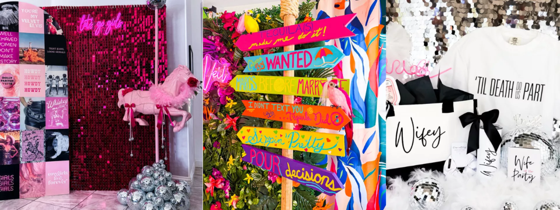 Collage of playfully decorated bachelorette parties by Valley Girl Bachelorette