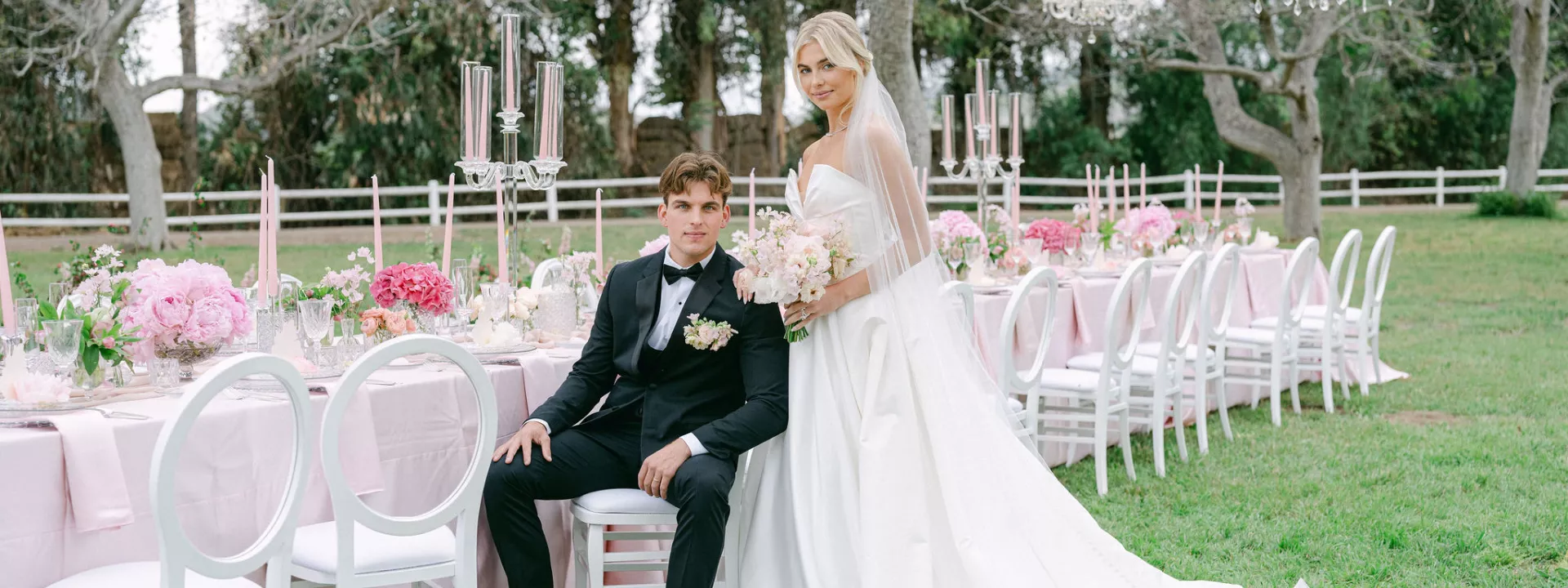 Model bride and groom in classic, chic wedding attire with blush, elegant reception table at Walnut Grove styled shoot