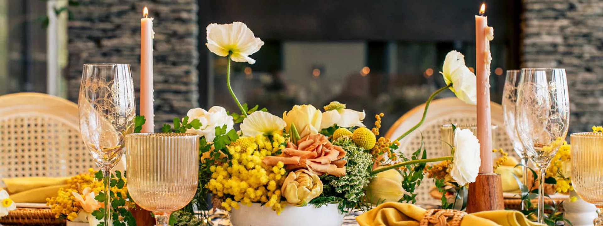 Cheery brunch tablescape inspiration featuring yellow and mauve florals