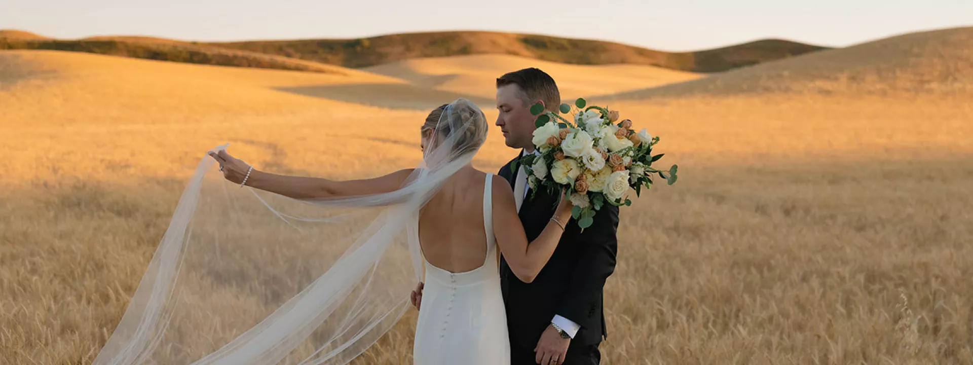 Abbey and Peter pose in golden fields of wheat on their wedding day