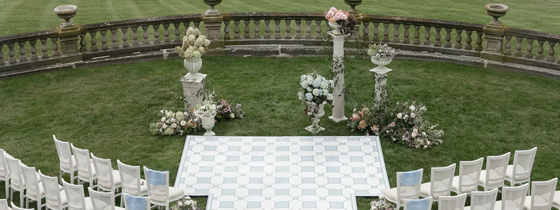 Aerial view of the outdoor reception space of winner of Best Real Wedding