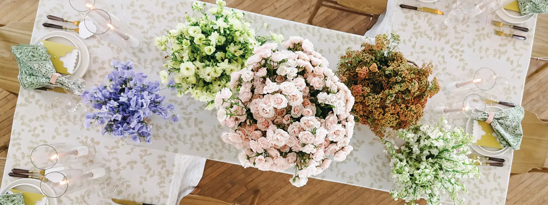 Aerial view of tablescape in garden forward winning design