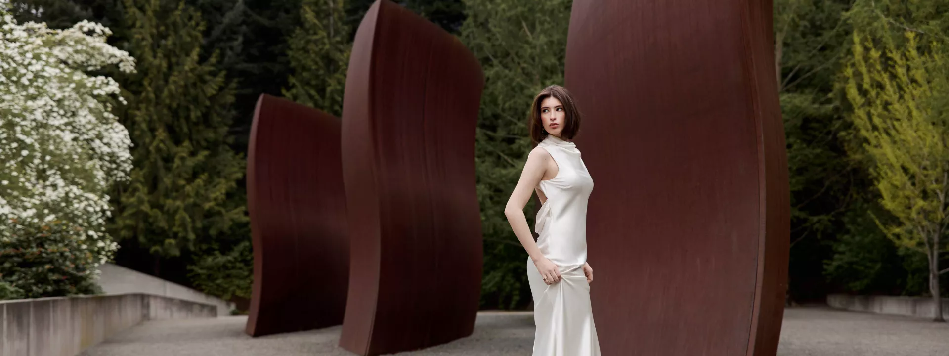 Model poses in dramatic ensemble at Olympic Sculpture Park