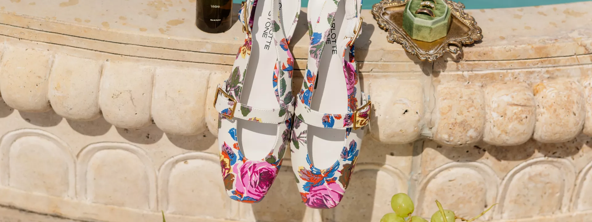 Styled flatlay featuring boldly printed shoes at Belle Terre Vineyard