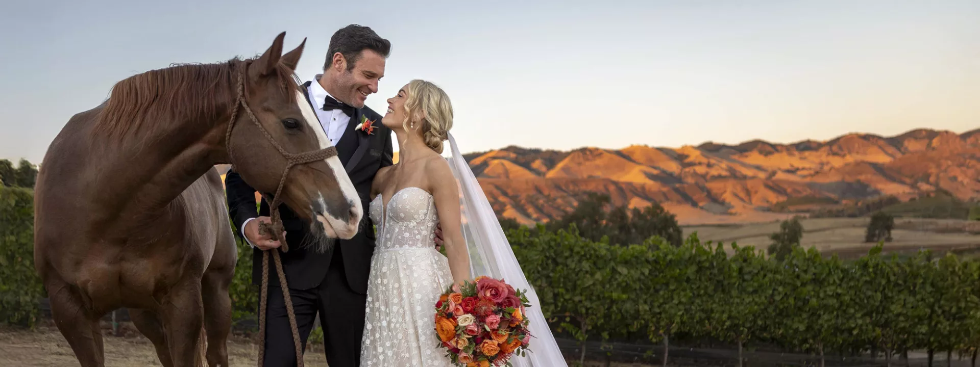 Bride and groom pose with a horse at sunset on La Lomita Ranch
