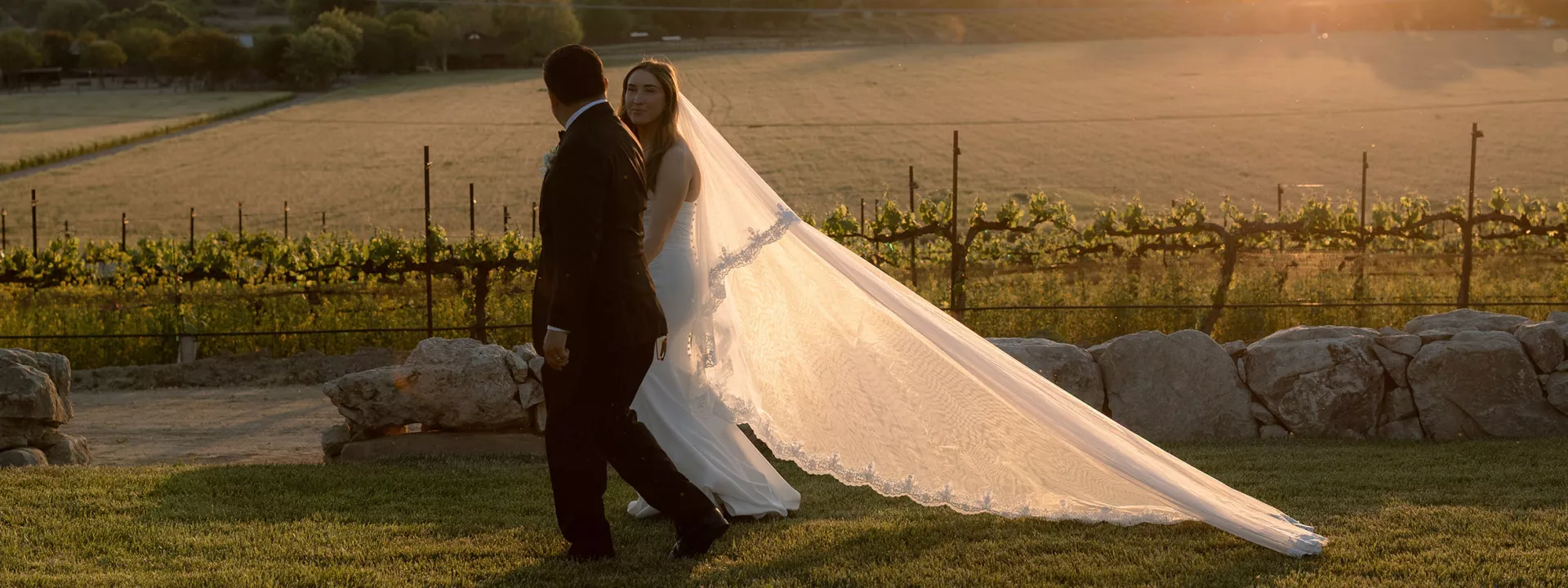 Bride and groom walk hand in hand on the grounds of Hearst Ranch Winery during golden hour