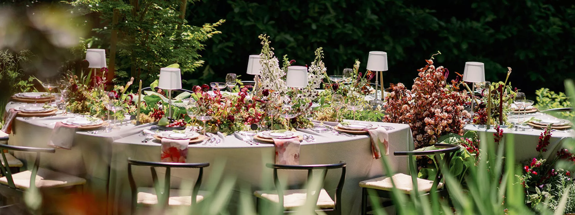 Luxe tablescape pairing hyper-seasonal blooms and rich textures in yin-yang inspired design at Parties on the Terrace